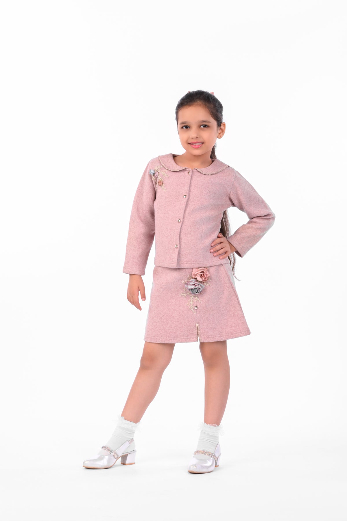 Melange Top with Melange Skirt in Wool Blend for Girls | Winter Skirt Set
