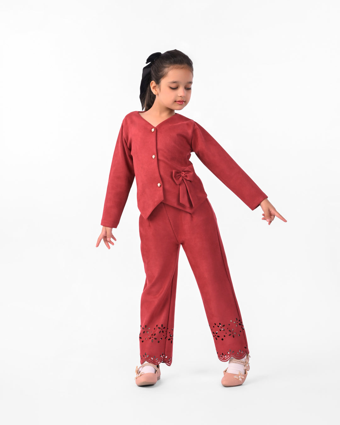 Maroon Co-ordset with Cut Work in Suede for Girls | Winter Co-Ord Set