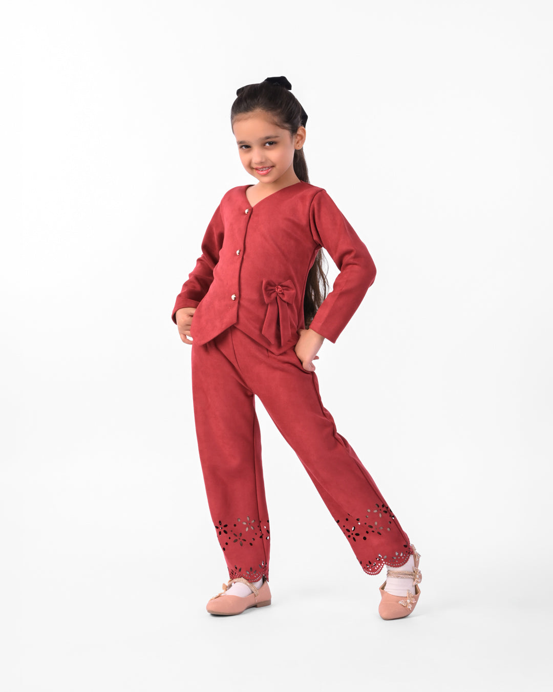 Maroon Co-ordset with Cut Work in Suede for Girls | Winter Co-Ord Set