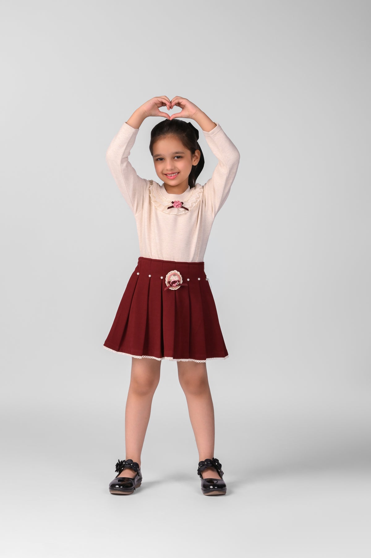 Butter Top  in Wool Blend with Pleated Maroon Skirt for Girls | Winter Skirt Set