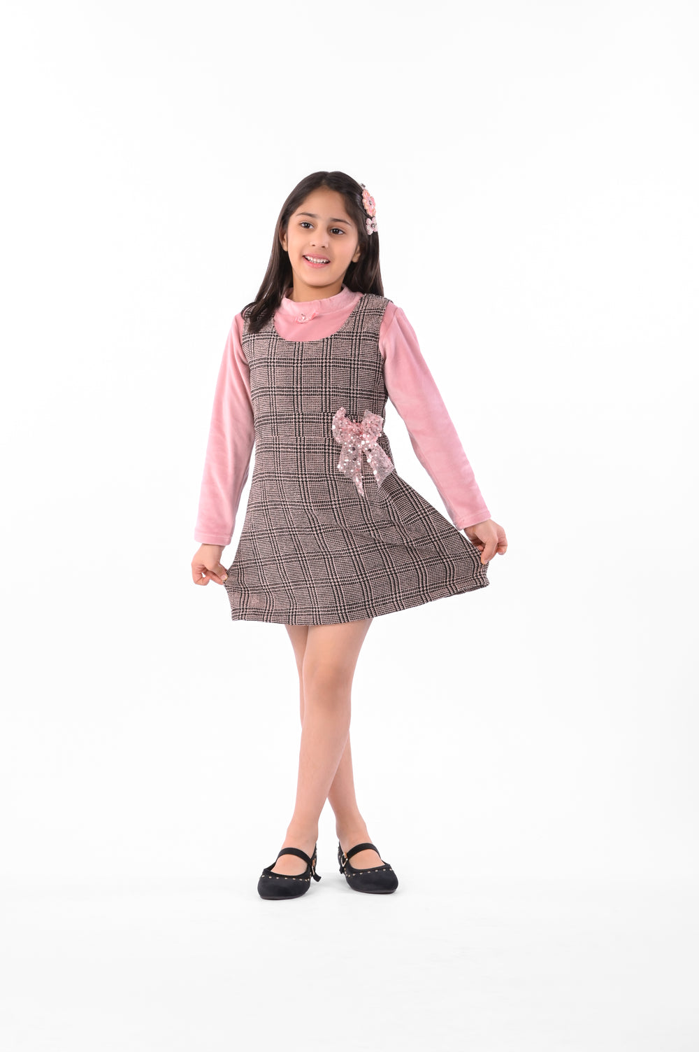 Pink and Brown Check Dress in Tweed with Sequin Bow for Girls | Winter Dress