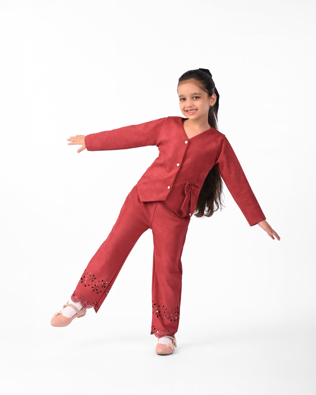 Maroon Co-ordset with Cut Work in Suede for Girls | Winter Co-Ord Set