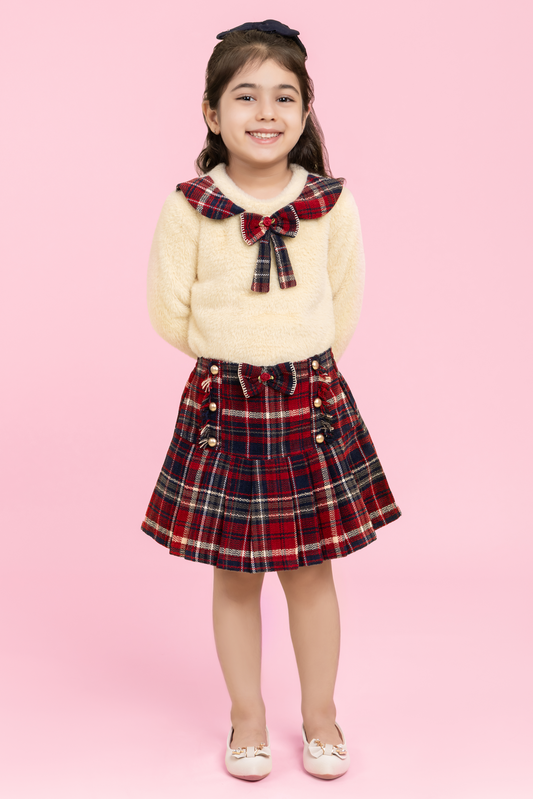 Cute butter top with maroon checkered skirt