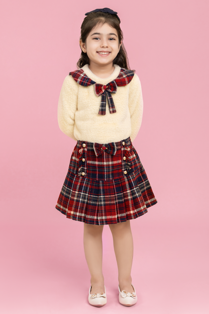 Cute butter top with maroon checkered skirt