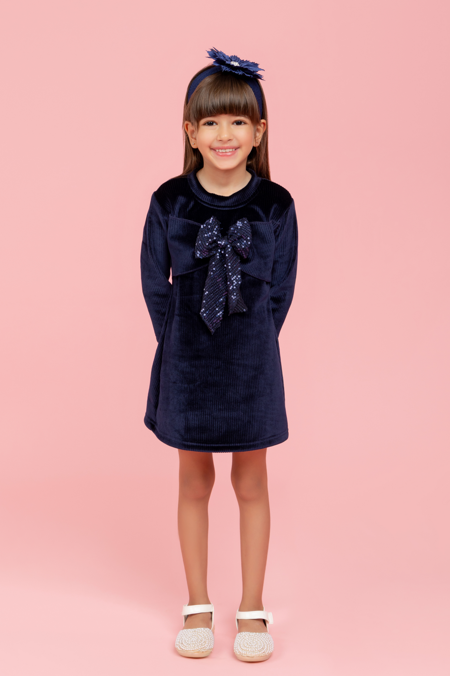 Navy blue dress with fancy sequin bow