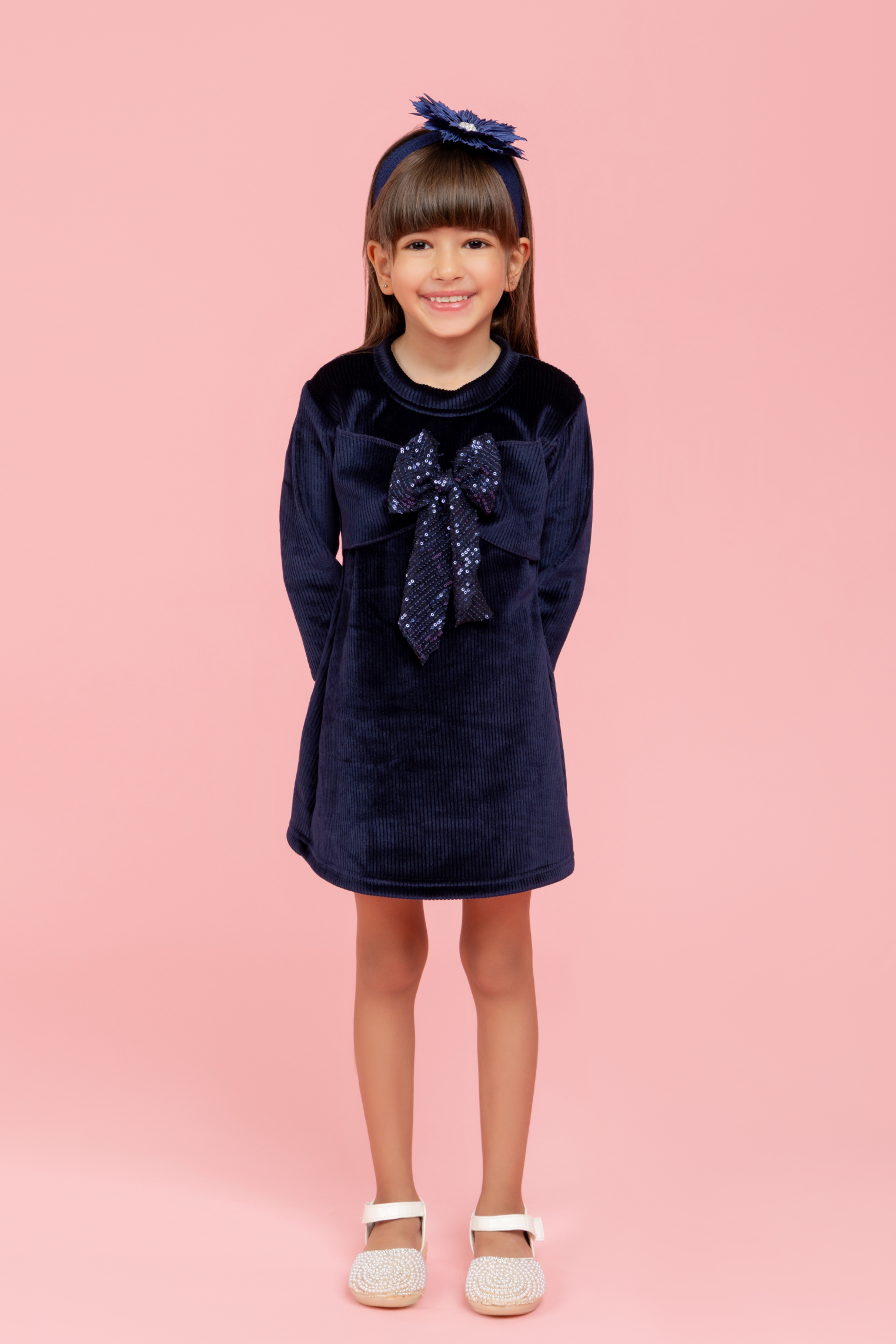 Navy blue dress with fancy sequin bow