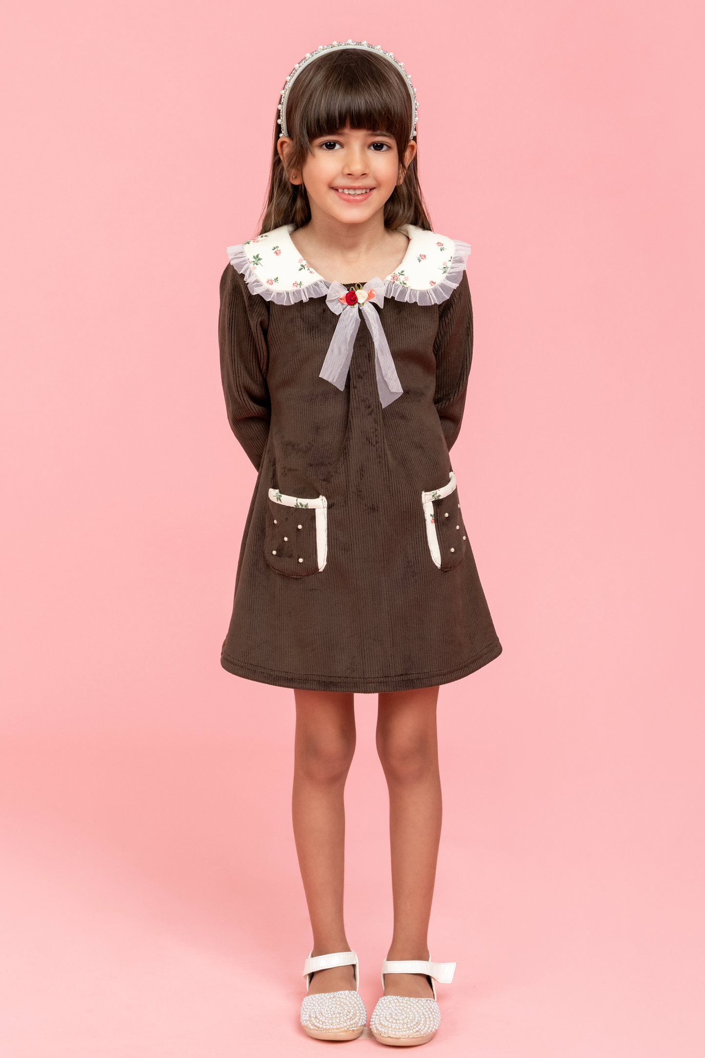 Brown dress with floral print detailing