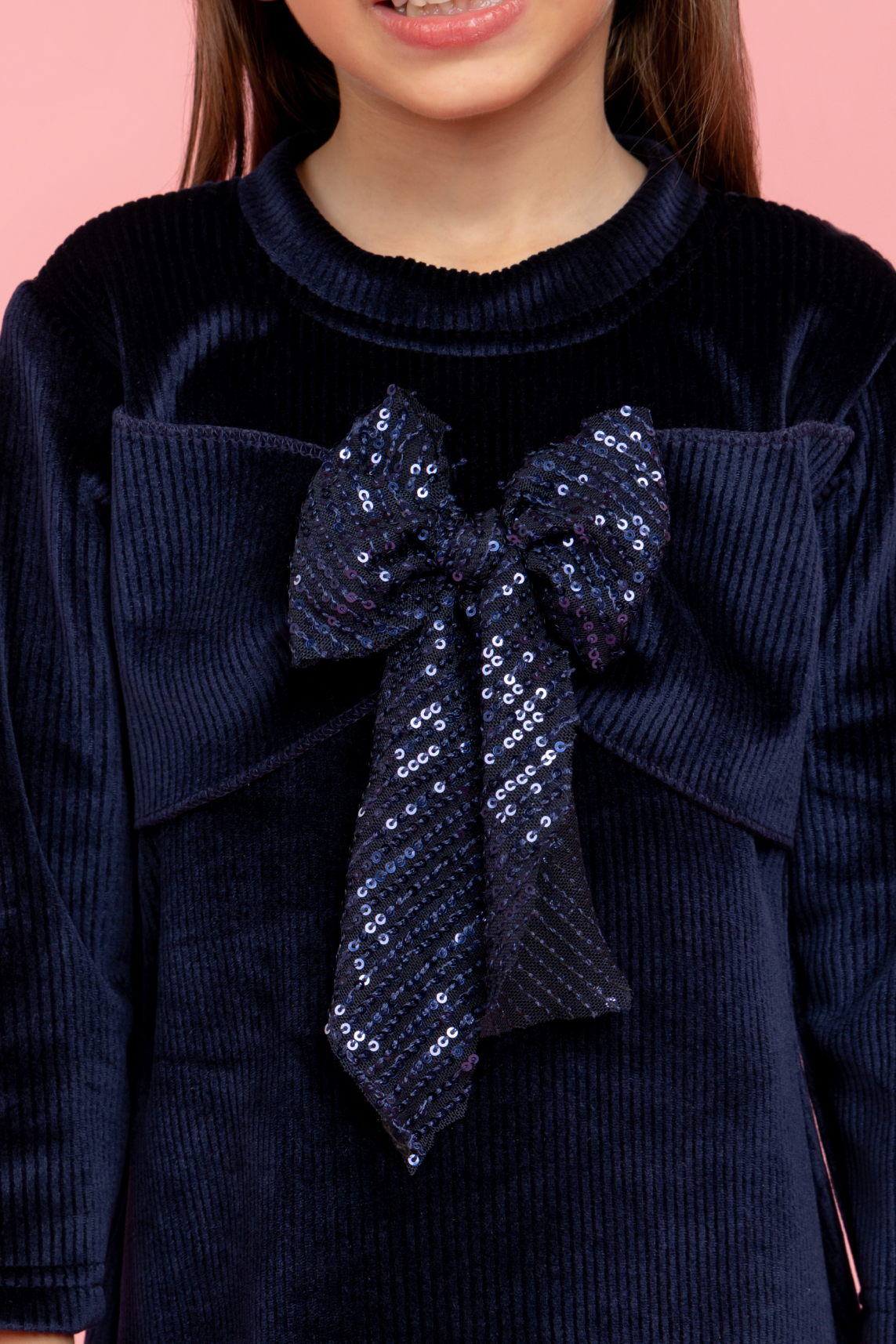 Navy blue dress with fancy sequin bow