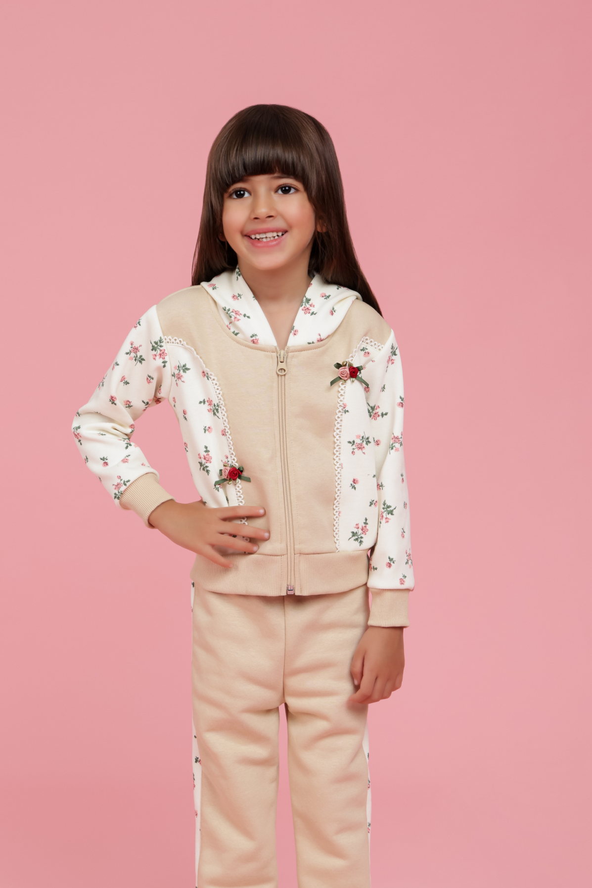 Floral printed beige and cream tracksuit