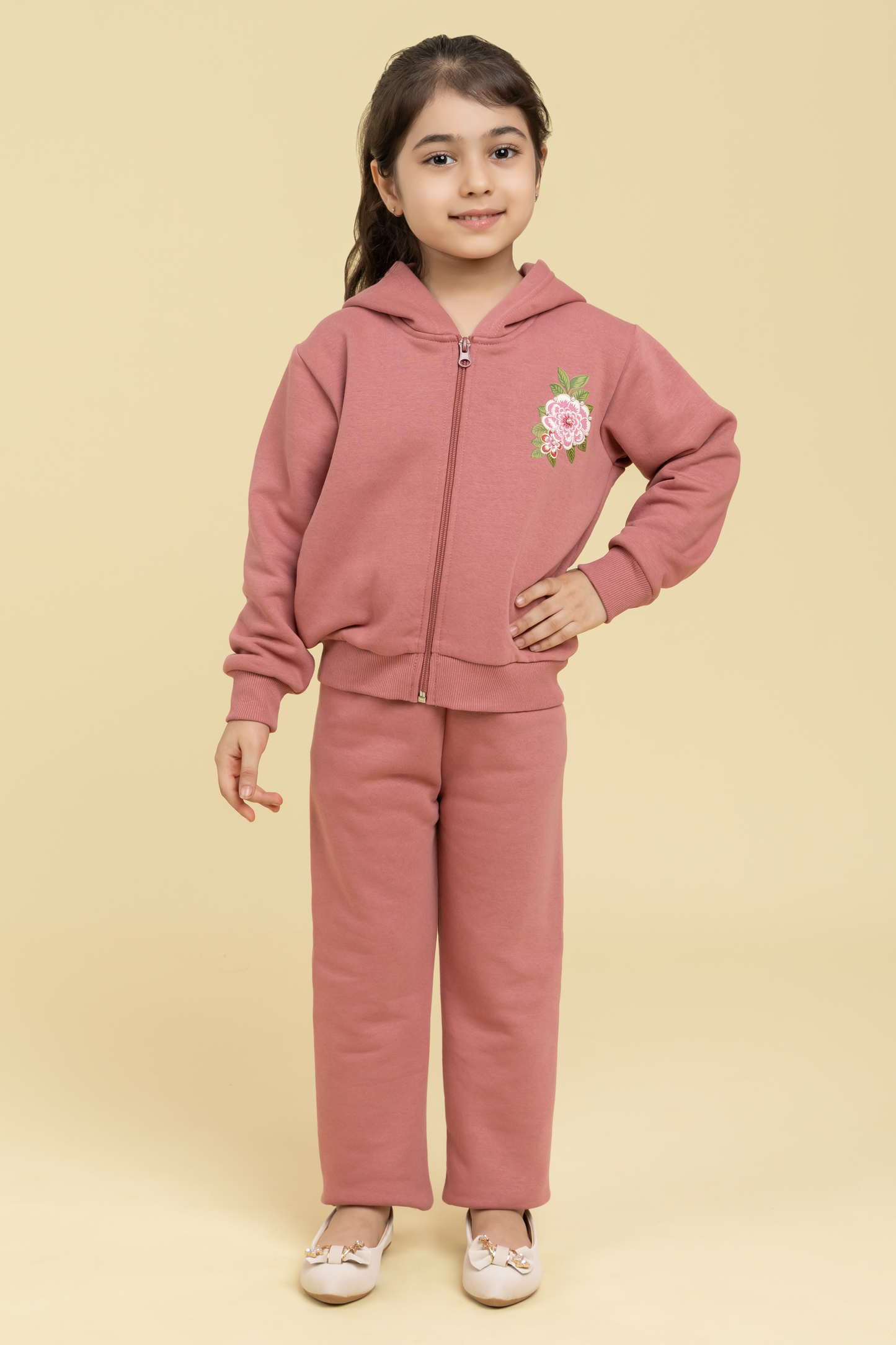 Plum tracksuit with printed floral patches