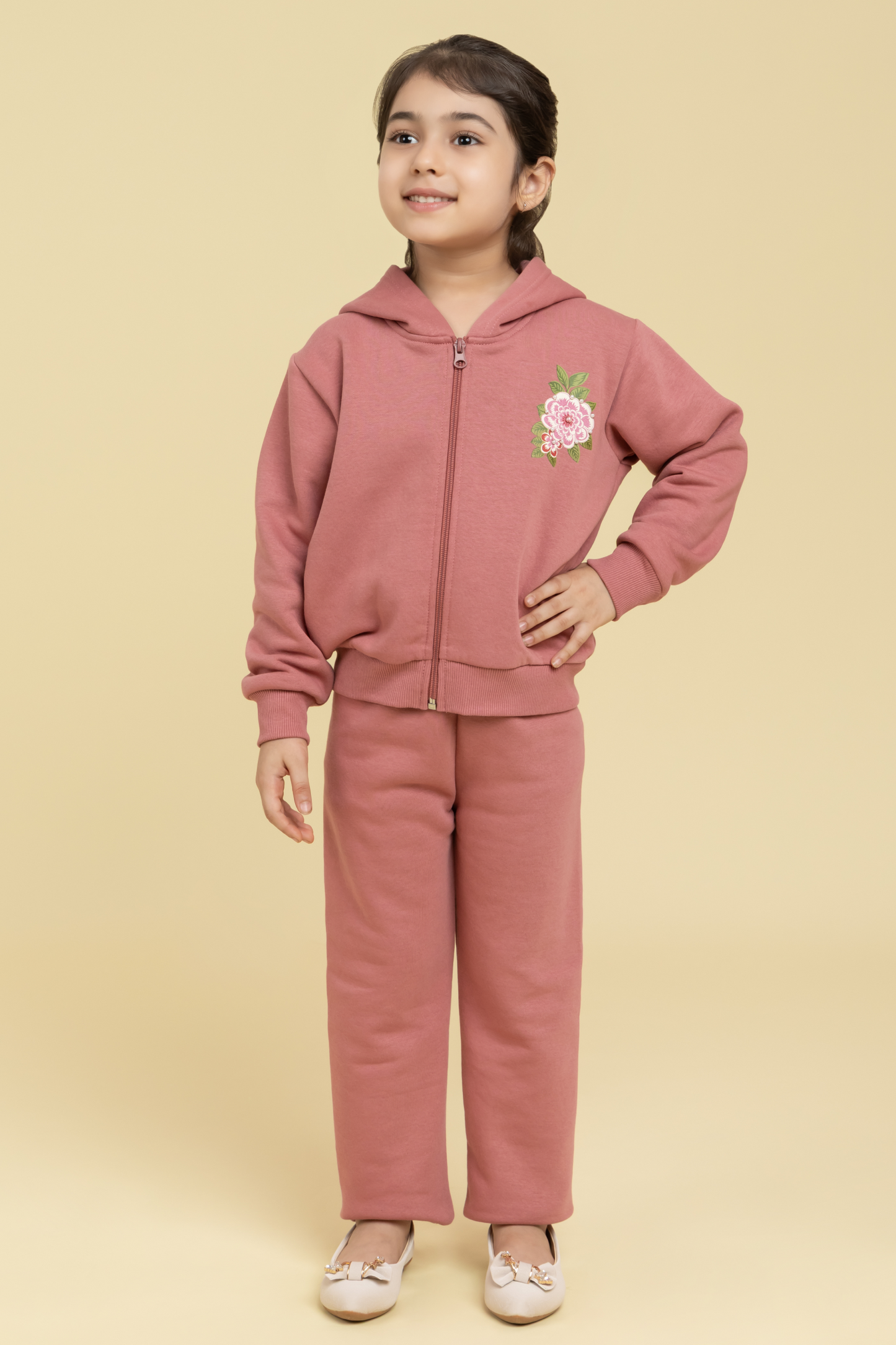 Plum tracksuit with printed floral patches