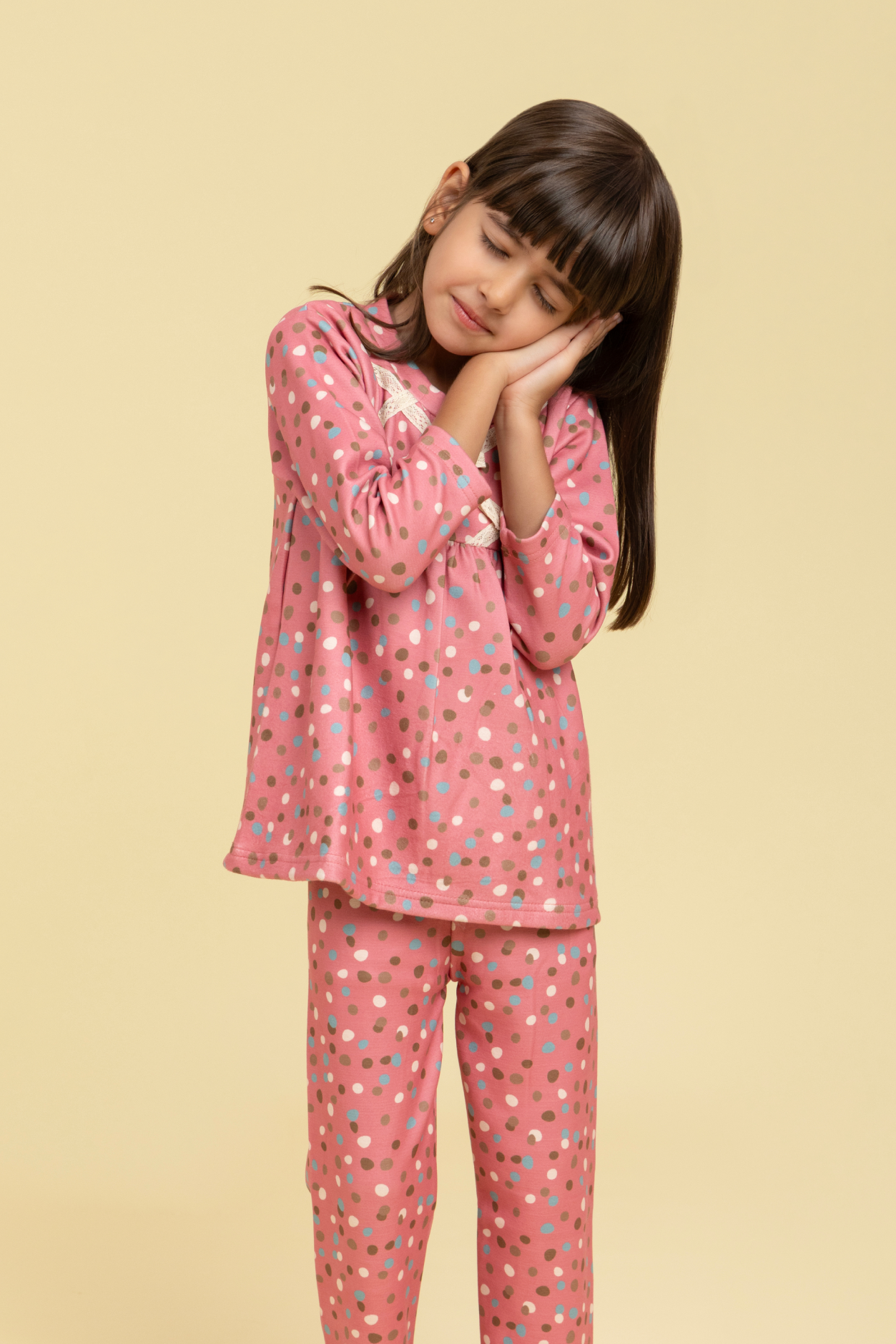 Polka dot nightsuit with lace detail