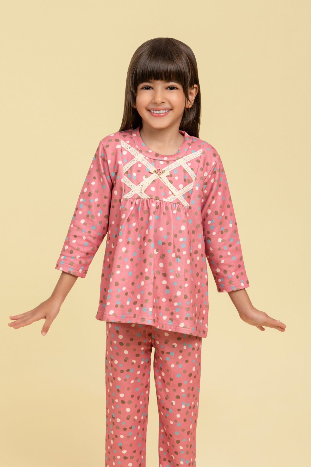 Polka dot nightsuit with lace detail