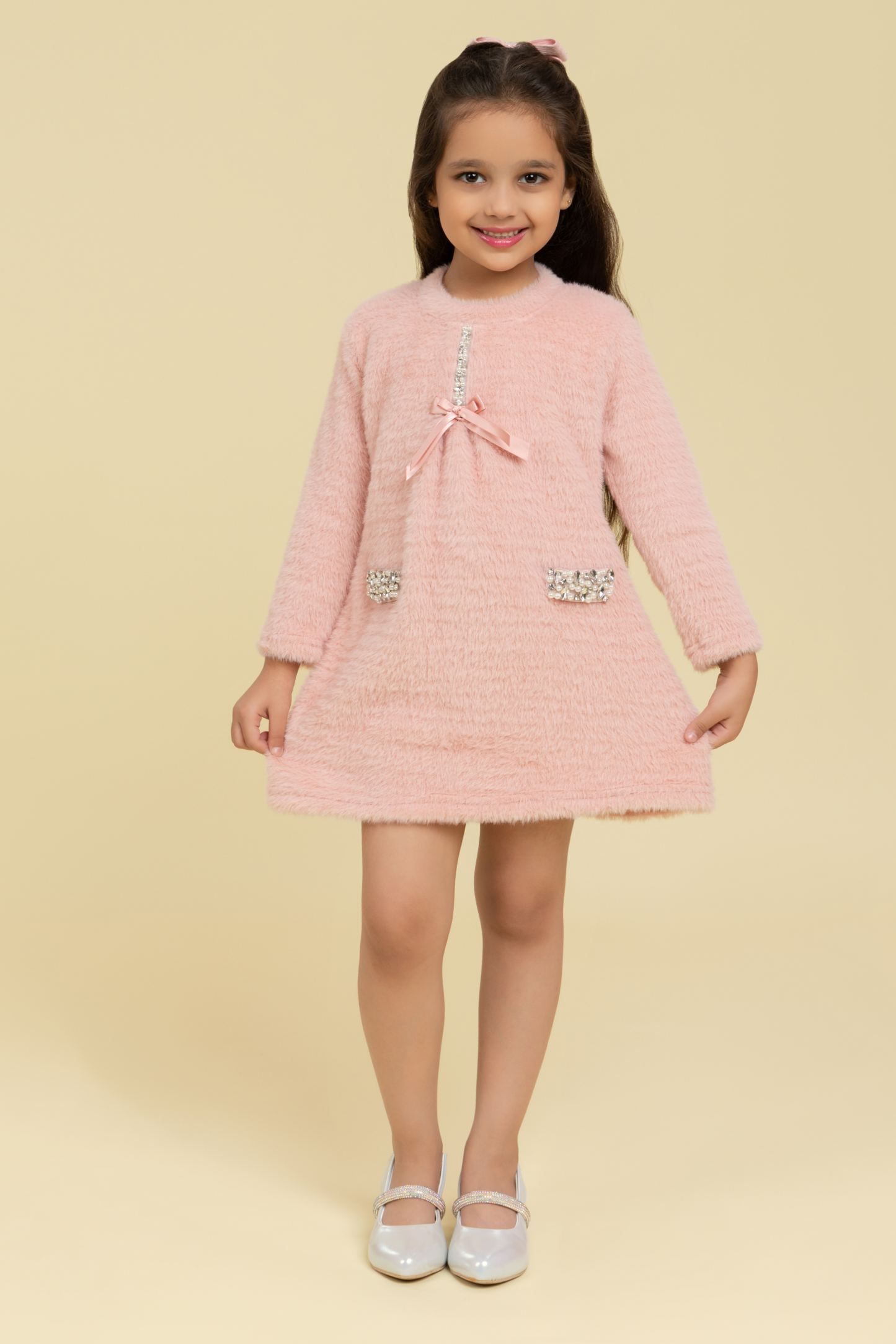 Pink woollen dress with embellishment