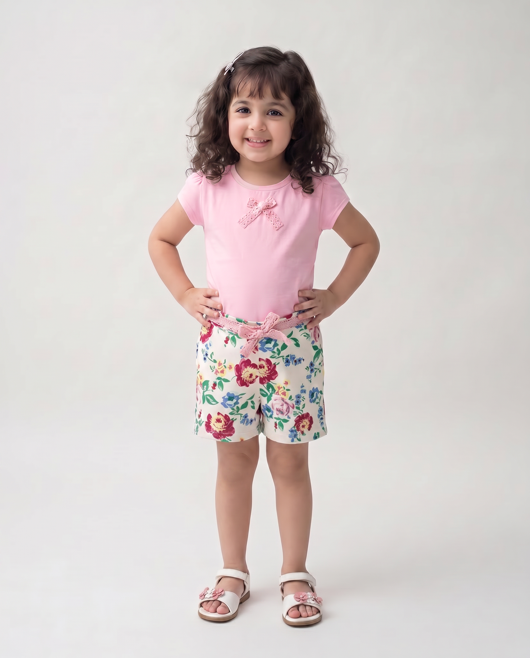 Cotton lycra pink top with floral shorts  (046)!