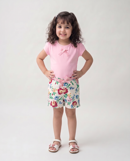 Cotton lycra pink top wiht floral shorts  (046)